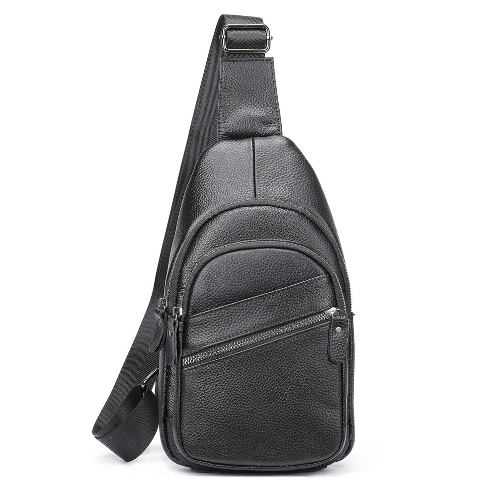 Ekphero Men Genuine Leather Chest Pack Casual Sport Sling Shoulder Backpack Fashion Crossbody Bags Black Travel Chest Bag