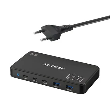 [GaN Tech] Blitzwolf® BW-i100 120W 5-Port USB PD Charger 2USB-A+3USB-C PD3.0 QC3.0 AFC FCP SCP PPS PE APPLE Fast Charging Desktop Charging Station EU Plug for iPhone 15 14 13 for Samsung Gala