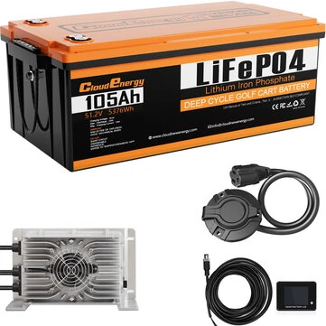[EU Direct] Cloudenergy 48V 105Ah LiFePO4 Battery for Golf Carts & Solar Storage, 5370Wh Energy, 6000+ Cycles, Built-in 250A BMS, LCD Display Bluetooth, In Series/Parallel, Perfect for Replac