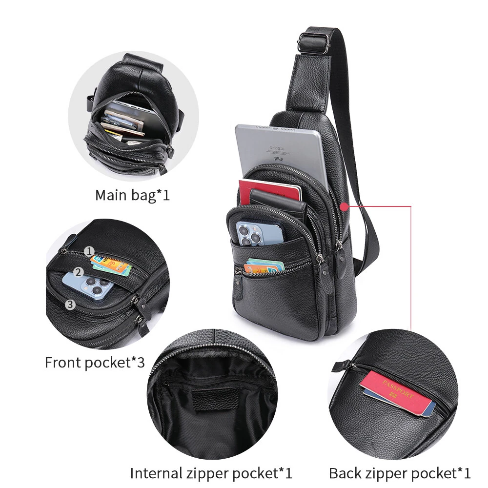 Ekphero Men Genuine Leather Chest Pack Casual Sport Sling Shoulder Backpack Fashion Crossbody Bags Black Travel Chest Bag