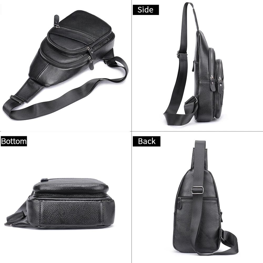 Ekphero Men Genuine Leather Chest Pack Casual Sport Sling Shoulder Backpack Fashion Crossbody Bags Black Travel Chest Bag