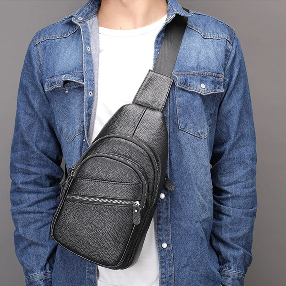 Ekphero Men Genuine Leather Chest Pack Casual Sport Sling Shoulder Backpack Fashion Crossbody Bags Black Travel Chest Bag