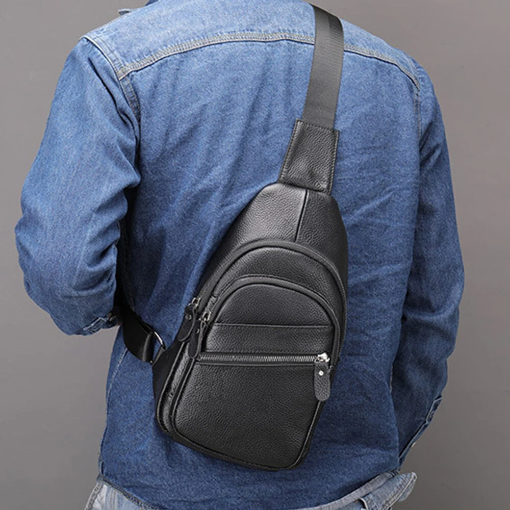 Ekphero Men Genuine Leather Chest Pack Casual Sport Sling Shoulder Backpack Fashion Crossbody Bags Black Travel Chest Bag