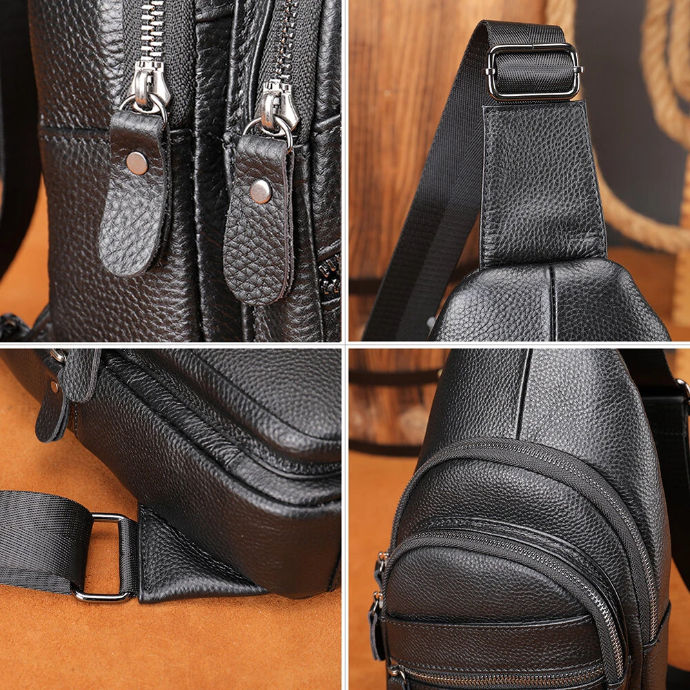 Ekphero Men Genuine Leather Chest Pack Casual Sport Sling Shoulder Backpack Fashion Crossbody Bags Black Travel Chest Bag