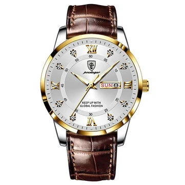 POEDAGAR Luxury Rhinestone Business Men Quartz Watch Calendar Week Luminous Pointer Leather Strap Waterproof Wristwatch