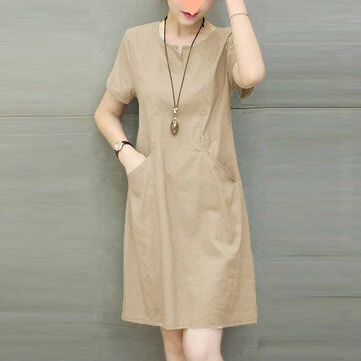 ZANZEA Women Daily Casual Side Pockets V-Neck Short Sleeves Solid Color Dresses