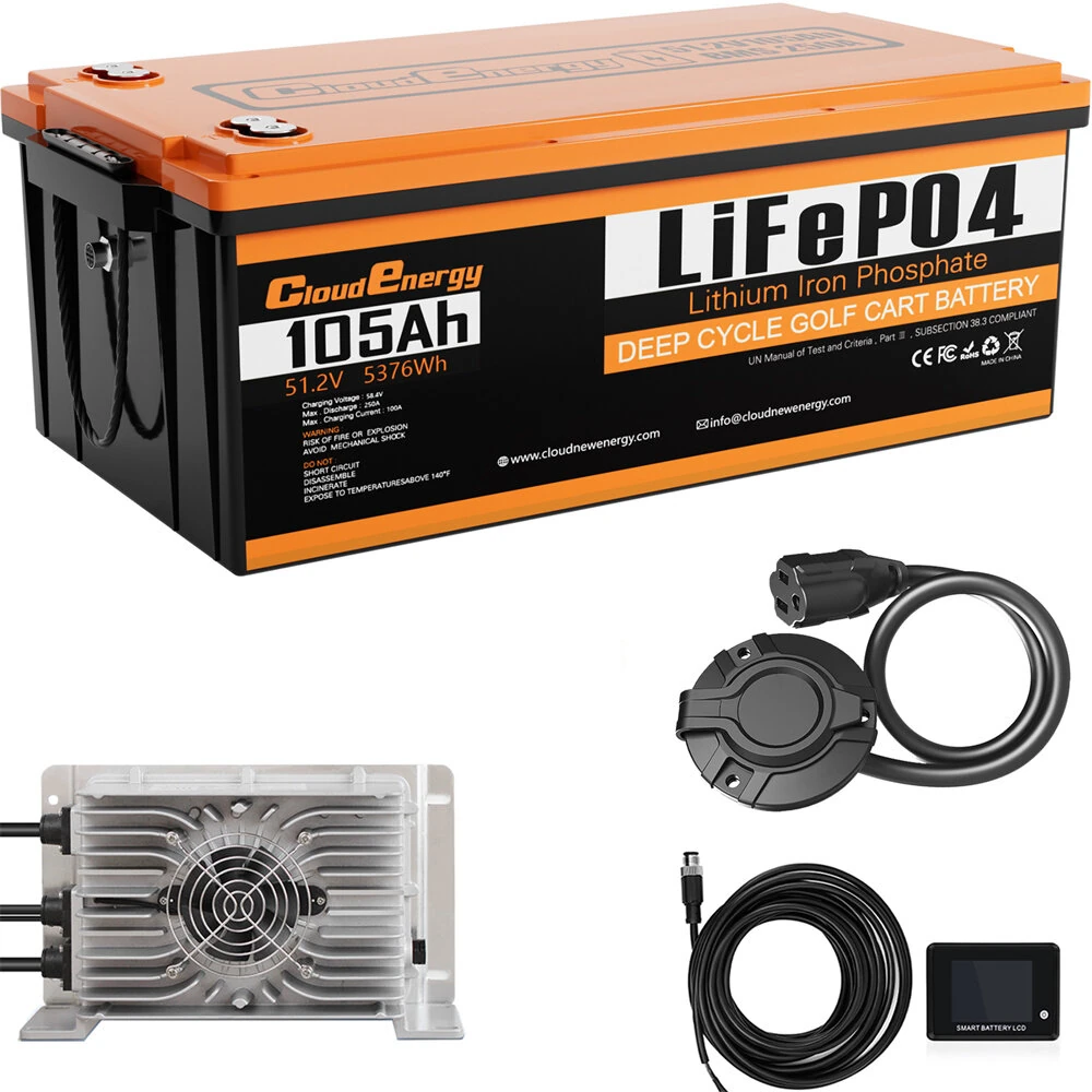 [EU Direct] Cloudenergy 48V 105Ah LiFePO4 Battery for Golf Carts & Solar Storage, 5370Wh Energy, 6000+ Cycles, Built-in 250A BMS, LCD Display Bluetooth, In Series/Parallel, Perfect for Replacing Most Backup Power RV Boats Solar Trolling Motor, Off-Grid