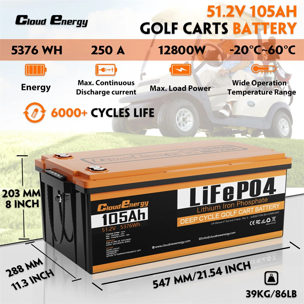 [EU Direct] Cloudenergy 48V 105Ah LiFePO4 Battery for Golf Carts & Solar Storage, 5370Wh Energy, 6000+ Cycles, Built-in 250A BMS, LCD Display Bluetooth, In Series/Parallel, Perfect for Replacing Most Backup Power RV Boats Solar Trolling Motor, Off-Grid