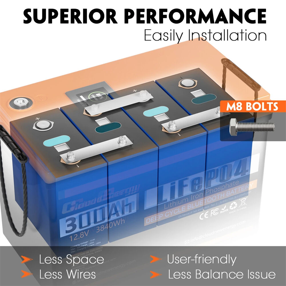 [EU Direct] Cloudenergy 12V 300Ah LiFePO4 Battery Pack with LCD Display Bluetooth Connect, 3840Wh Energy, 6000+ Cycles, Built-in 200A BMS, Support in Series/Parallel, Replacing Most of Backup Power, RV, Boats, Solar, Trolling motor, Off-Grid, DPCL12-300B
