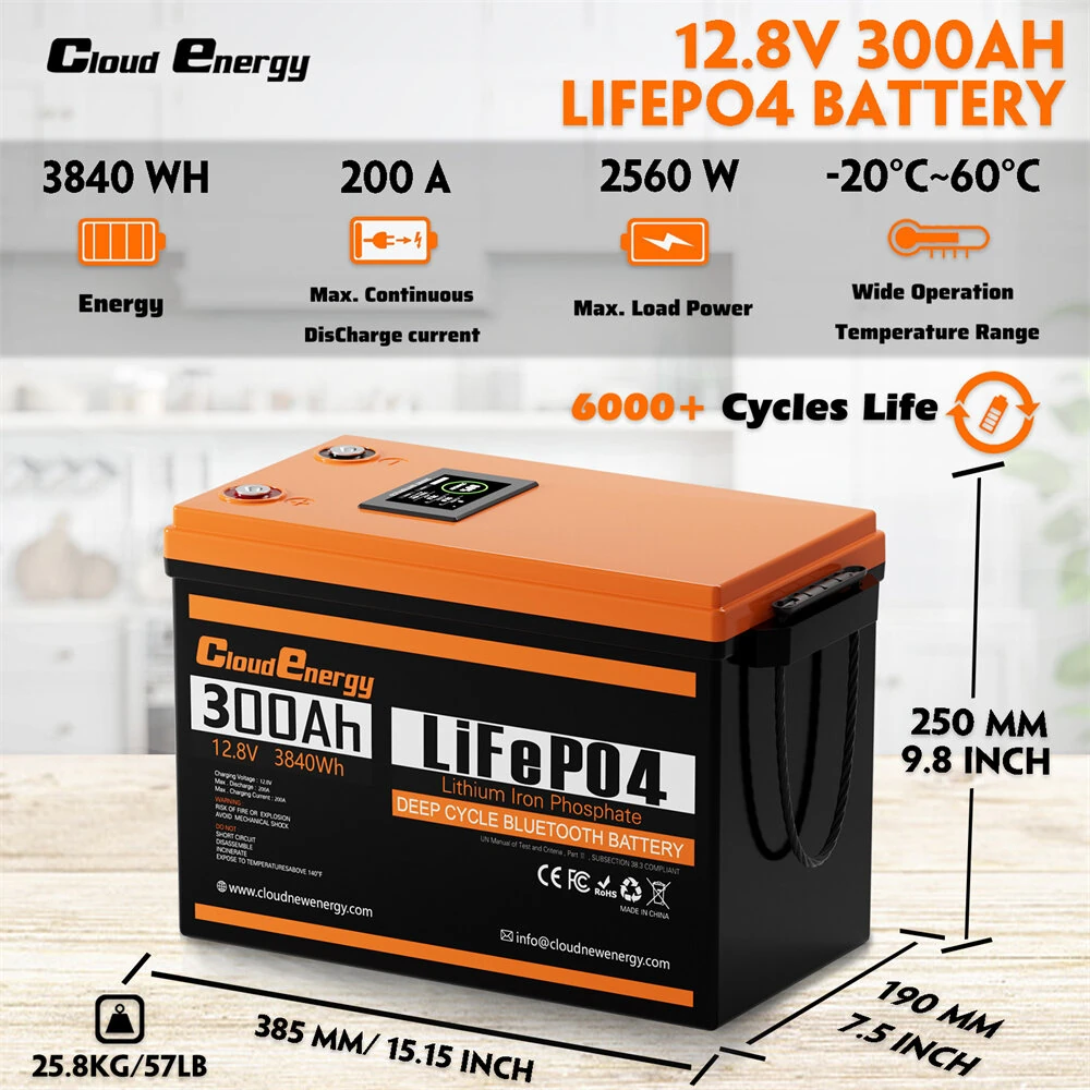 [EU Direct] Cloudenergy 12V 300Ah LiFePO4 Battery Pack with LCD Display Bluetooth Connect, 3840Wh Energy, 6000+ Cycles, Built-in 200A BMS, Support in Series/Parallel, Replacing Most of Backup Power, RV, Boats, Solar, Trolling motor, Off-Grid, DPCL12-300B