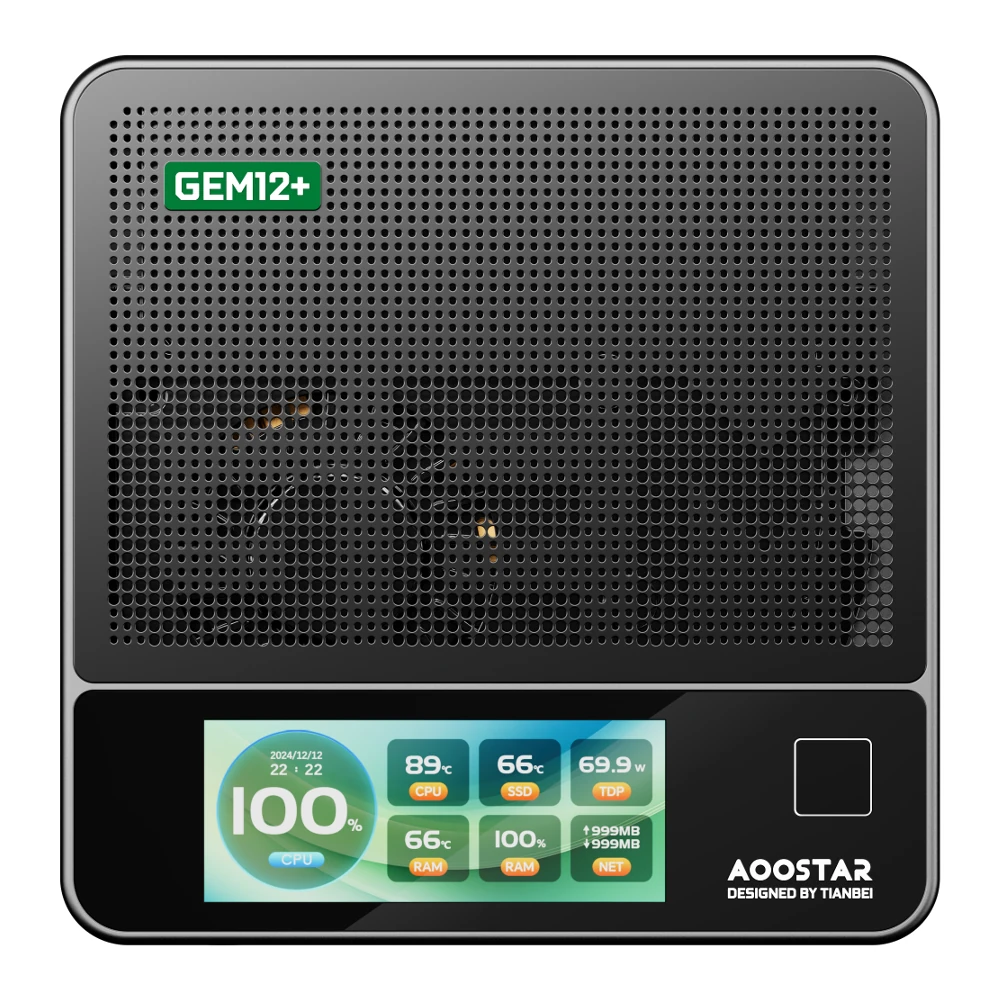 AOOSTAR GEM12+ Pro Mini PC With 2.86 Inch Screen Fingerprint Unlocking AMD Ryzen 7 Pro 8845HS 8 Core 16 Thread 32GB DDR5 RAM 1TB SSD 4K Quad Screen Output WIFI6 BT5.2 HD USB4 Dual 2.5G LAN Mini Computer Desktop PC