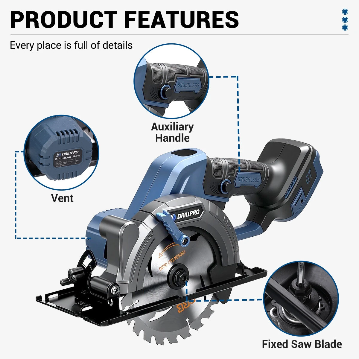 Drillpro 2200W Brushless Motor Cordless Circular Saw 6800 RPM Electric Saw Cutting Depth 51mm For 22V Battery