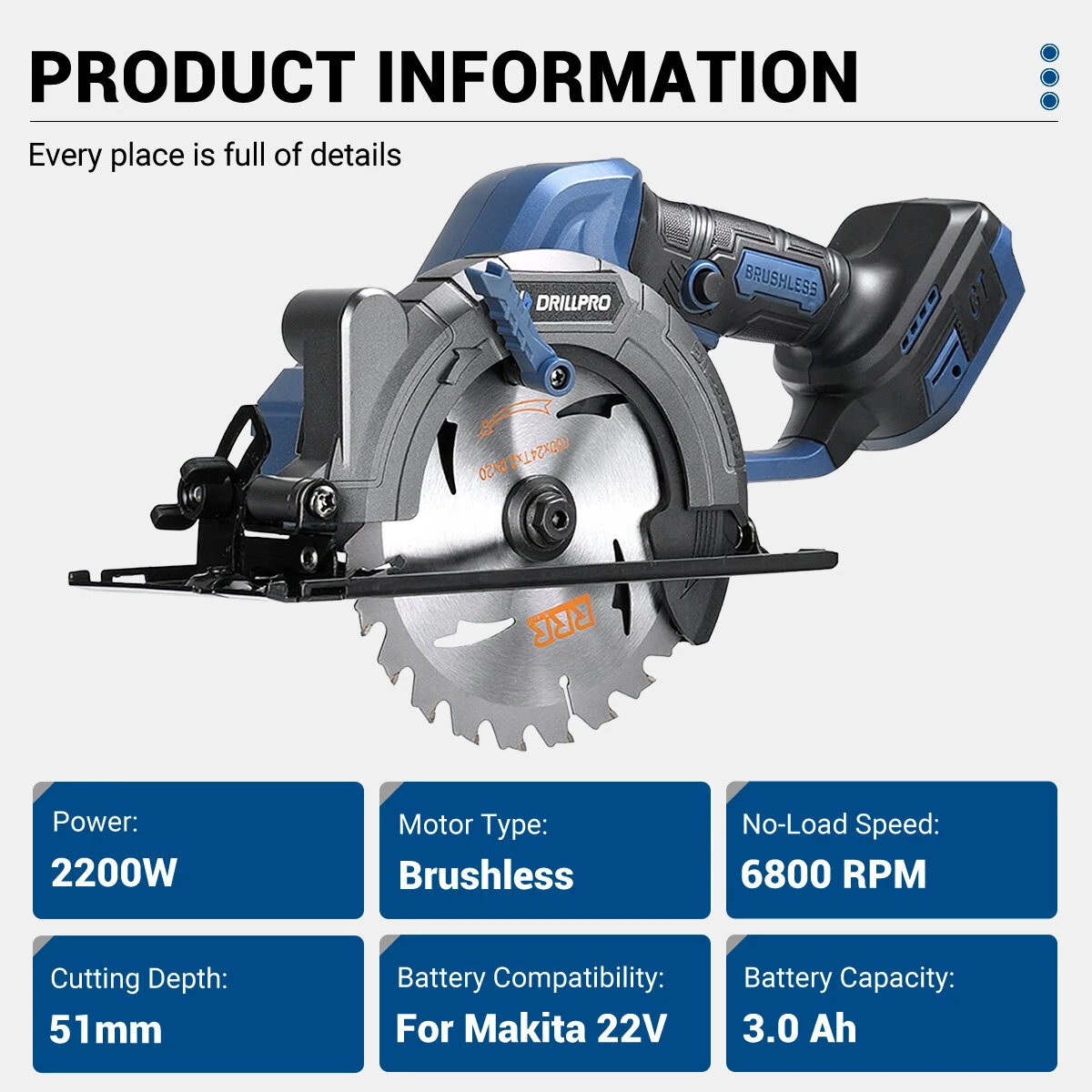 Drillpro 2200W Brushless Motor Cordless Circular Saw 6800 RPM Electric Saw Cutting Depth 51mm For 22V Battery