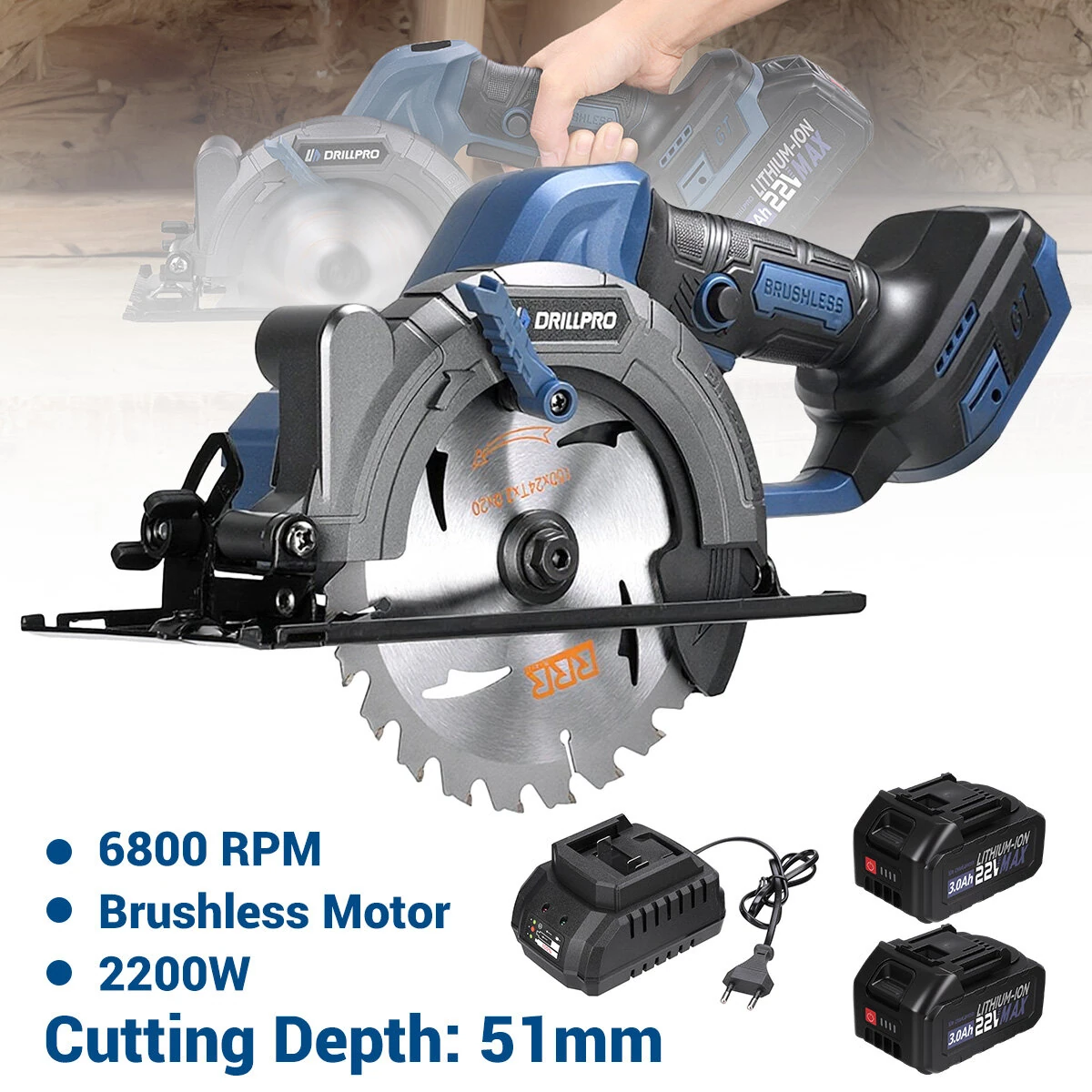 Drillpro 2200W Brushless Motor Cordless Circular Saw 6800 RPM Electric Saw Cutting Depth 51mm For 22V Battery