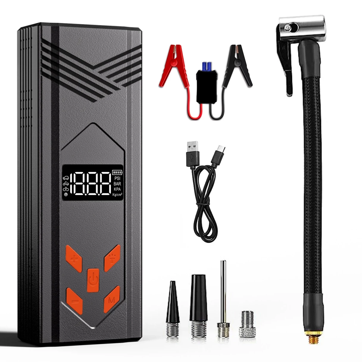 4 IN 1 Jump Starter with Air Compressor Tire Inflator Air Pump LCD Display 3000A/3.7V/29.6Wh Power Bank with LED Light