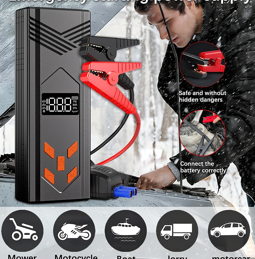 4 IN 1 Jump Starter with Air Compressor Tire Inflator Air Pump LCD Display 3000A/3.7V/29.6Wh Power Bank with LED Light