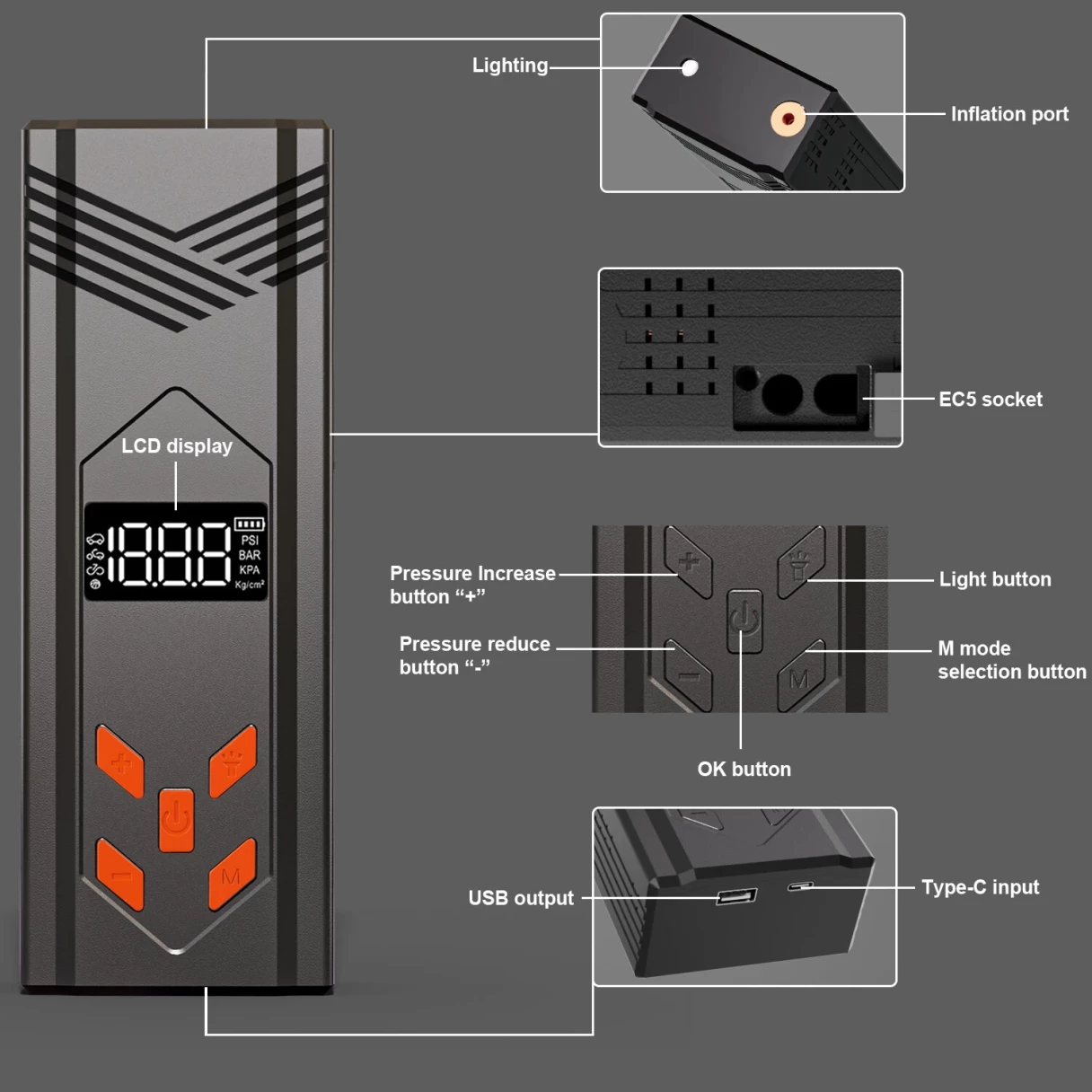 4 IN 1 Jump Starter with Air Compressor Tire Inflator Air Pump LCD Display 3000A/3.7V/29.6Wh Power Bank with LED Light