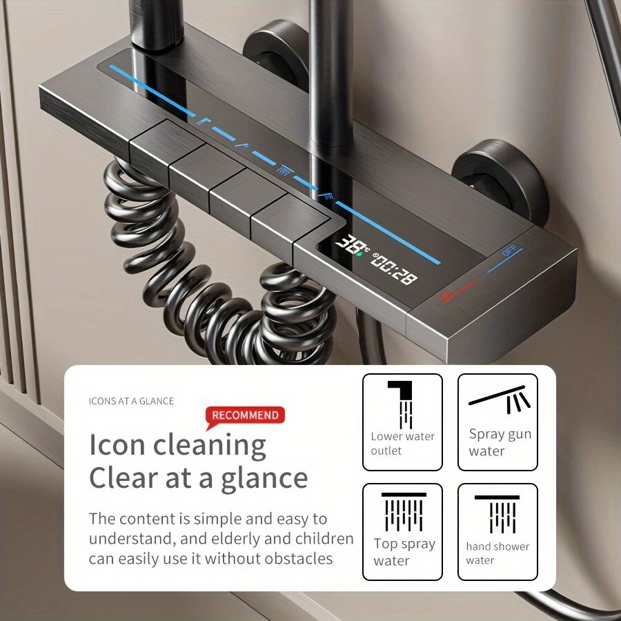 Space Aluminum Digital Display Square Shower Set Piano Button Bathroom Booster Shower Head System With Ambient Light Wall Mount Bracket Bathroom Faucets