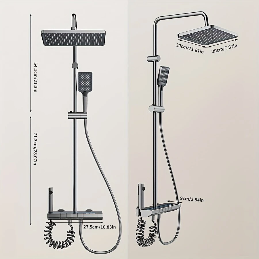 Space Aluminum Digital Display Square Shower Set Piano Button Bathroom Booster Shower Head System With Ambient Light Wall Mount Bracket Bathroom Faucets