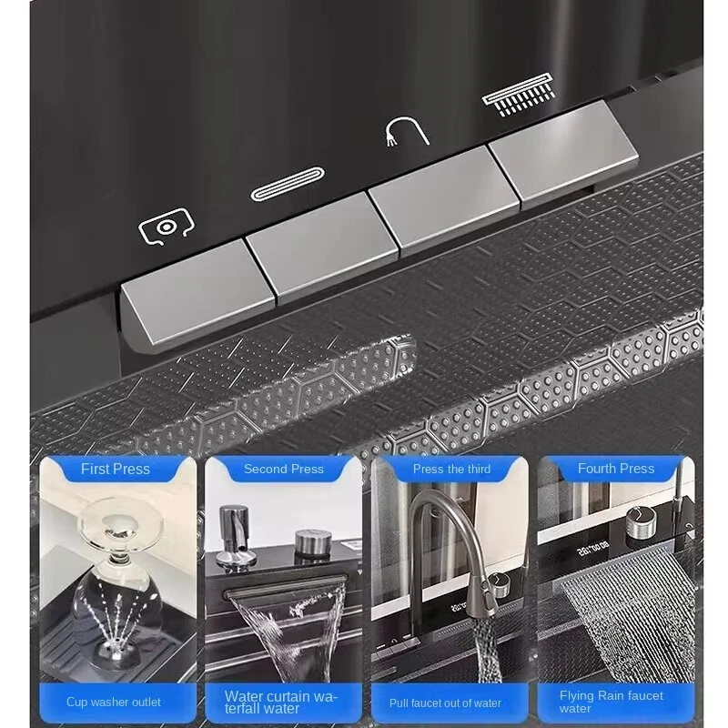 Integrated Digital Display Kitchen Sink Flying Rain Cold Hot Water Faucet Set 304 Stainless Steel Double Waterfall Single Slot Soap Dispenser Cup Washer