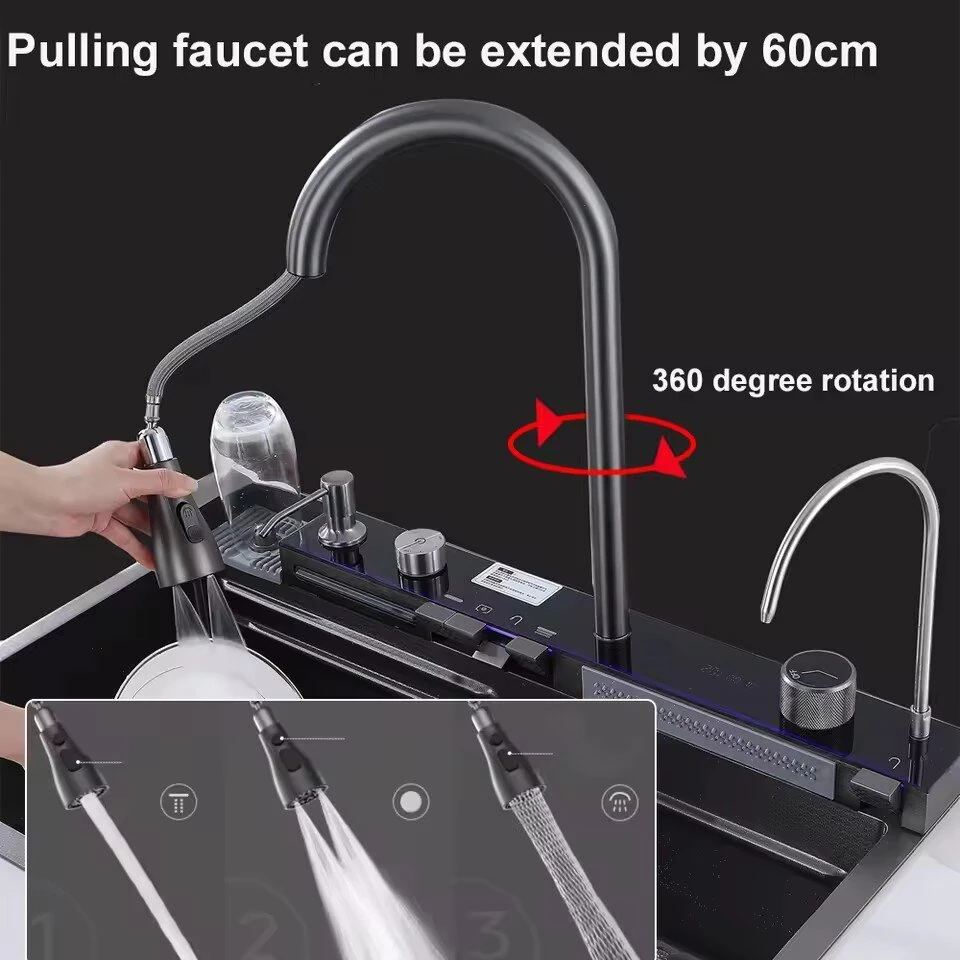 Integrated Digital Display Kitchen Sink Flying Rain Cold Hot Water Faucet Set 304 Stainless Steel Double Waterfall Single Slot Soap Dispenser Cup Washer