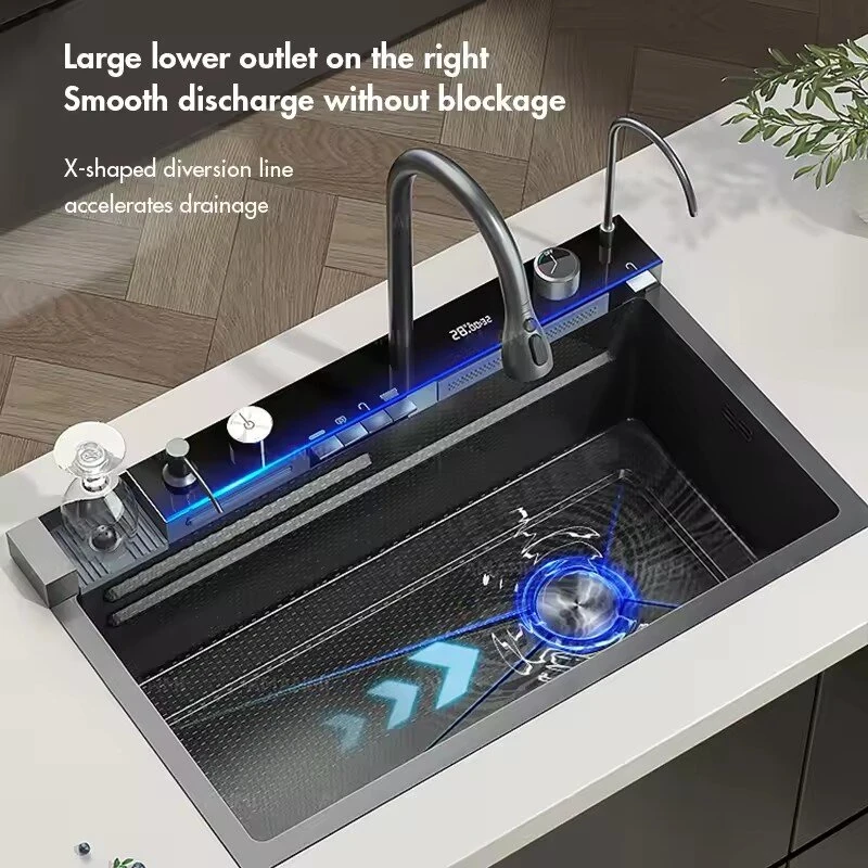 Integrated Digital Display Kitchen Sink Flying Rain Cold Hot Water Faucet Set 304 Stainless Steel Double Waterfall Single Slot Soap Dispenser Cup Washer