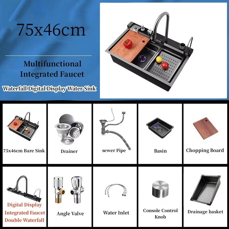 Integrated Digital Display Kitchen Sink Flying Rain Cold Hot Water Faucet Set 304 Stainless Steel Double Waterfall Single Slot Soap Dispenser Cup Washer