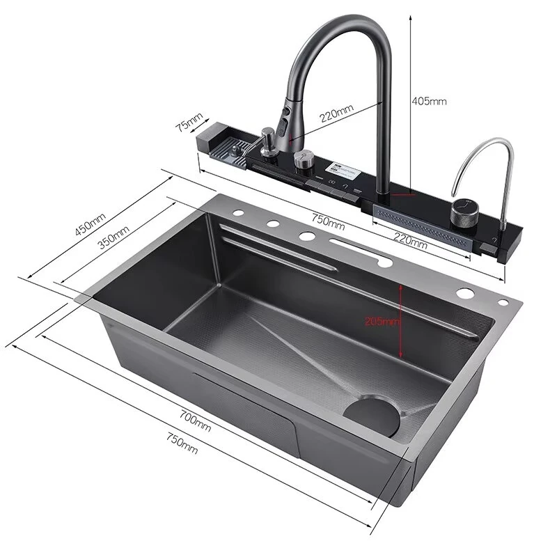 Integrated Digital Display Kitchen Sink Flying Rain Cold Hot Water Faucet Set 304 Stainless Steel Double Waterfall Single Slot Soap Dispenser Cup Washer