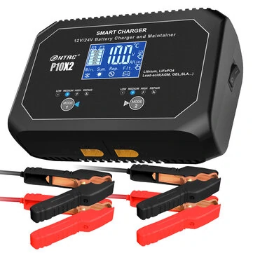 HTRC P10X2 12V 24V 10A Auto Motorcycle Battery Charger AGM Intelligent Repair Dual Channel Smart Car Battery Charger Lithium Lifepo4 Lead-Acid(AGM/Gel/SLA) for Car Boat