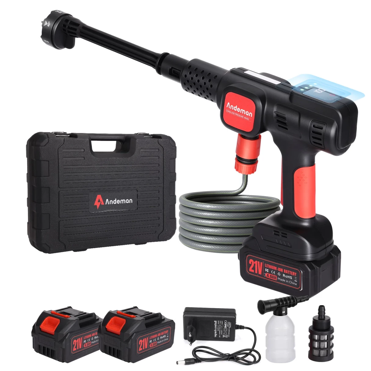 Andeman Cordless Pressure Washer, Max 75 Bar Mobile Pressure Washer with 4 Pressure Levels & Brushless Motor - LCD Display, 6-in-1 Nozzle, 2 x 4.0Ah Battery for Car/Patio/Garden