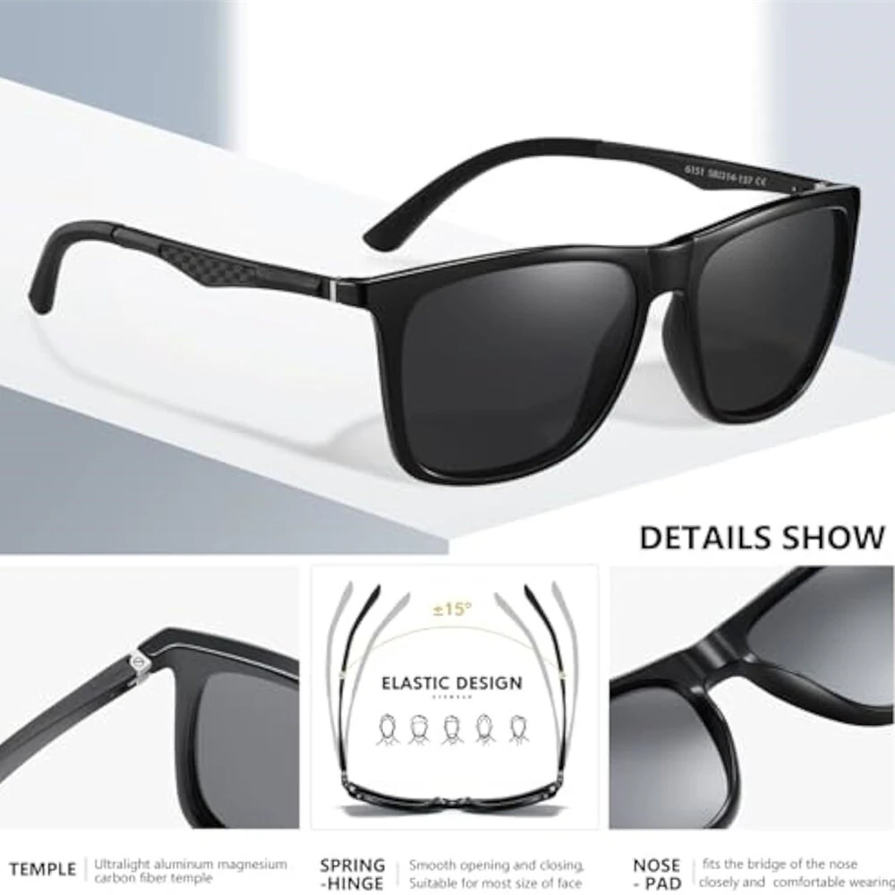 Fashion Black Square TAC Polarized Sunglasses UV400 Protection Sun Eyewear Glasses for Outdoor Cycling Driving Travel Fishing