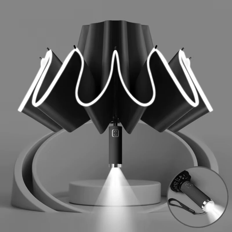 Automatic Folding Reverse Sun Umbrella Upgraded Windproof Design with Reflective Strip LED Light Convenient Handle Rainproof