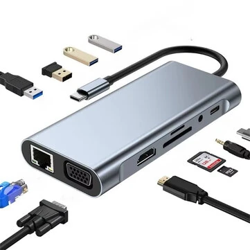 Bakeey USB-C 11 in 1 Docking Station with 4K@30Hz 1080P VGA 100W PD Charging RJ45 100M SD/TF Card Reader 3.5mm Audio USB Hub