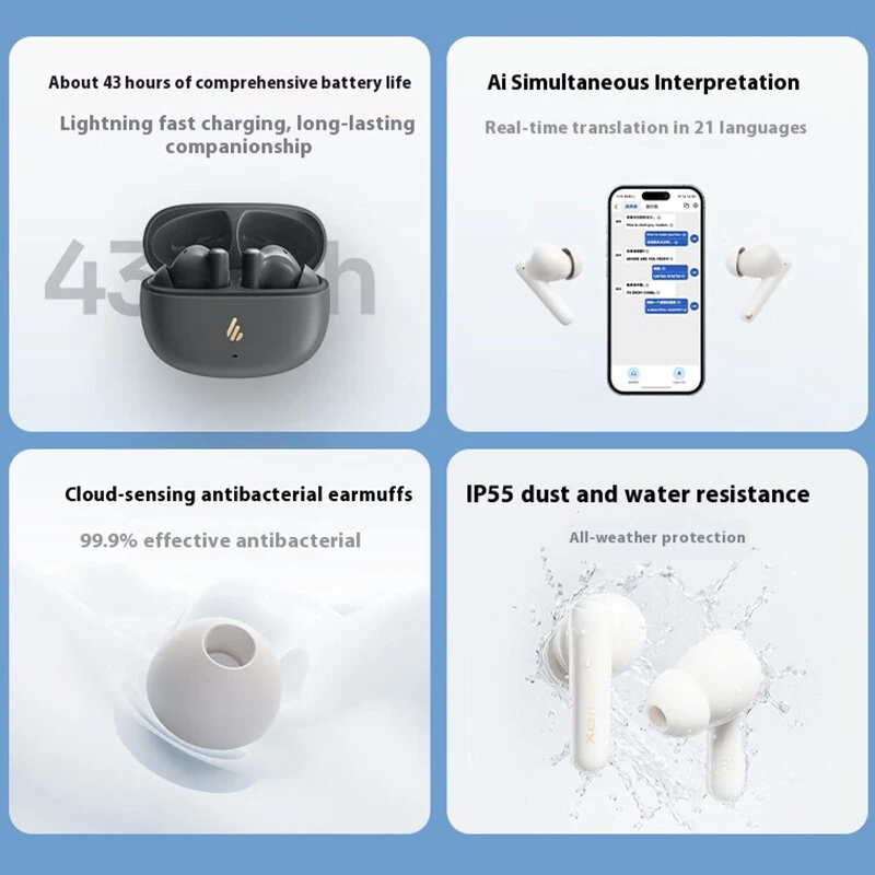 EDIFIER X5 EVO TWS Earbuds bluetooth V6.0 Earphone Dual ANC FF+FB -48dB Depth Noise Cancelling 6 Mic AI Call Noise Reduction 10mm Dual Composite Magnetic Drivers Spatial Sound 43H Playback AI Simultaneous Interpretation Sports Headphones
