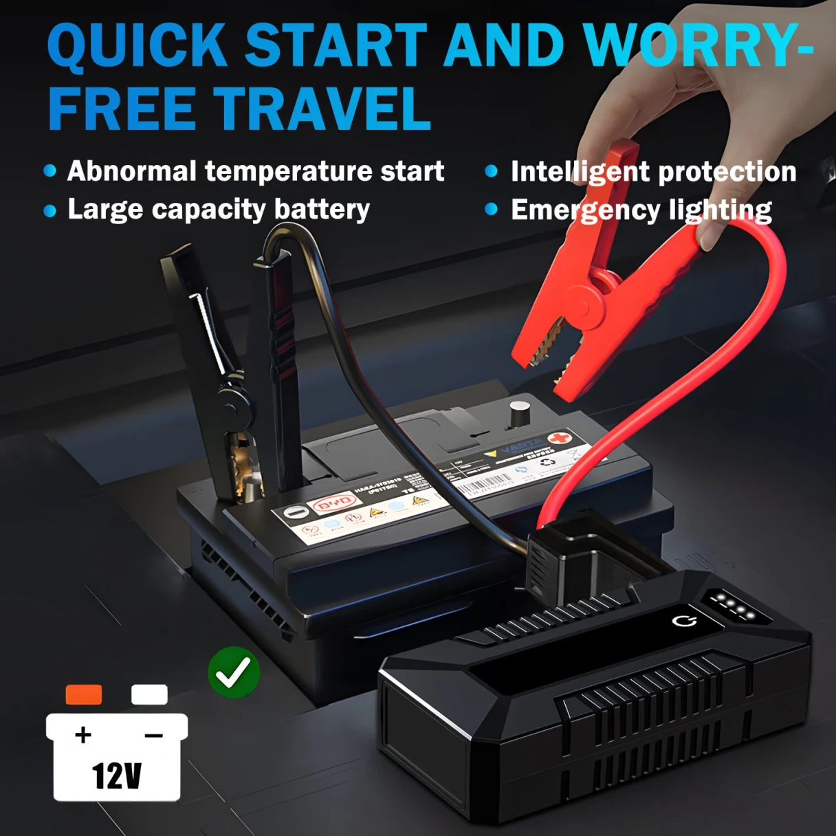 3000A 26.64Wh Portable Car Jump Starter Large Capacity Battery Power Supply with LED Emergency Lighting Power Bank
