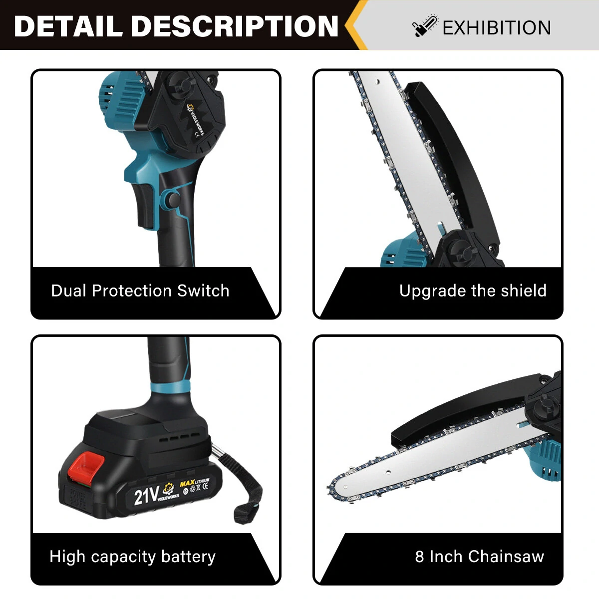 VIOLEWORKS 8 Inch Brushless Electric Saw Automatic Oiler Handheld Garden Wood Logging Chainsaw for 21V Battery Powered Tool