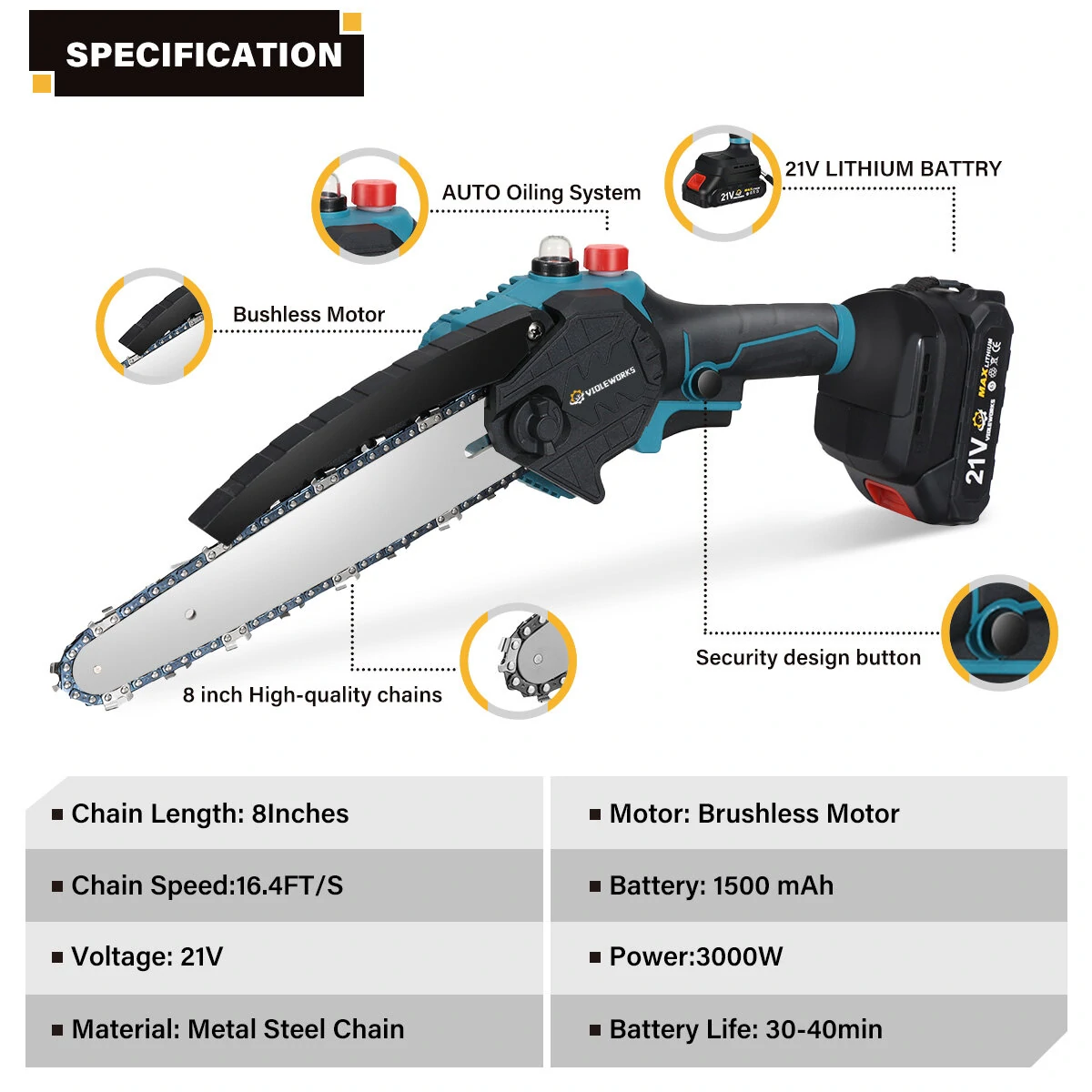VIOLEWORKS 8 Inch Brushless Electric Saw Automatic Oiler Handheld Garden Wood Logging Chainsaw for 21V Battery Powered Tool
