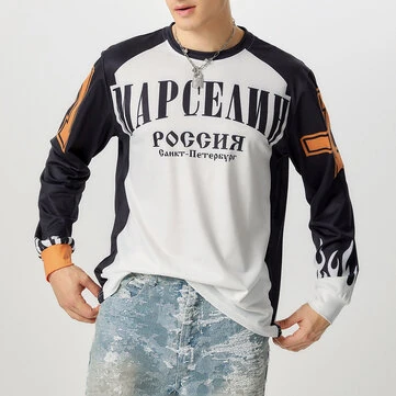 INCERUN Mens Casual Color-Block Long-Sleeve T-Shirt Fashion Loose Fit Crew Neck Racing Tshirt for Male S-5XL