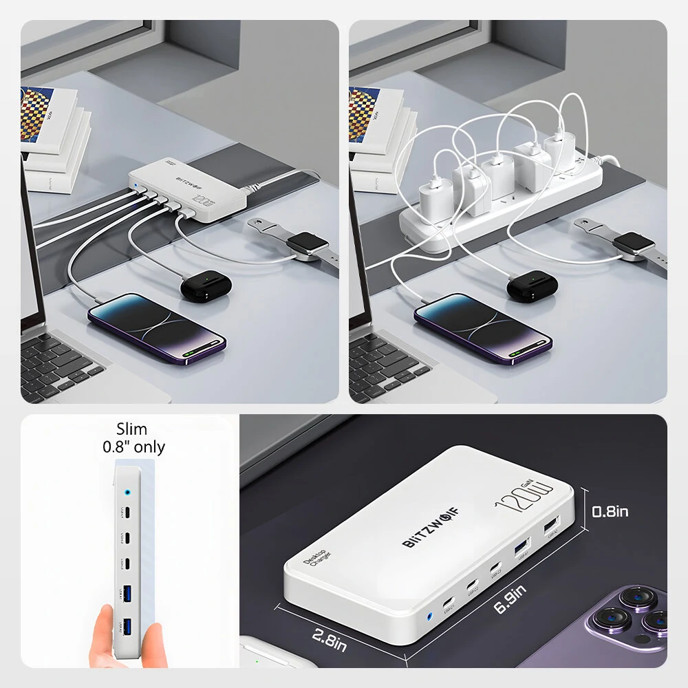 [GaN Tech] Blitzwolf® BW-i100 120W 5-Port USB PD Charger 2USB-A+3USB-C PD3.0 QC3.0 AFC FCP SCP PPS PE APPLE Fast Charging Desktop Charging Station EU Plug for iPhone 15 14 13 for Samsung Galaxy Z Flip4 for MacBook Pro for Airpods for Apple Watch