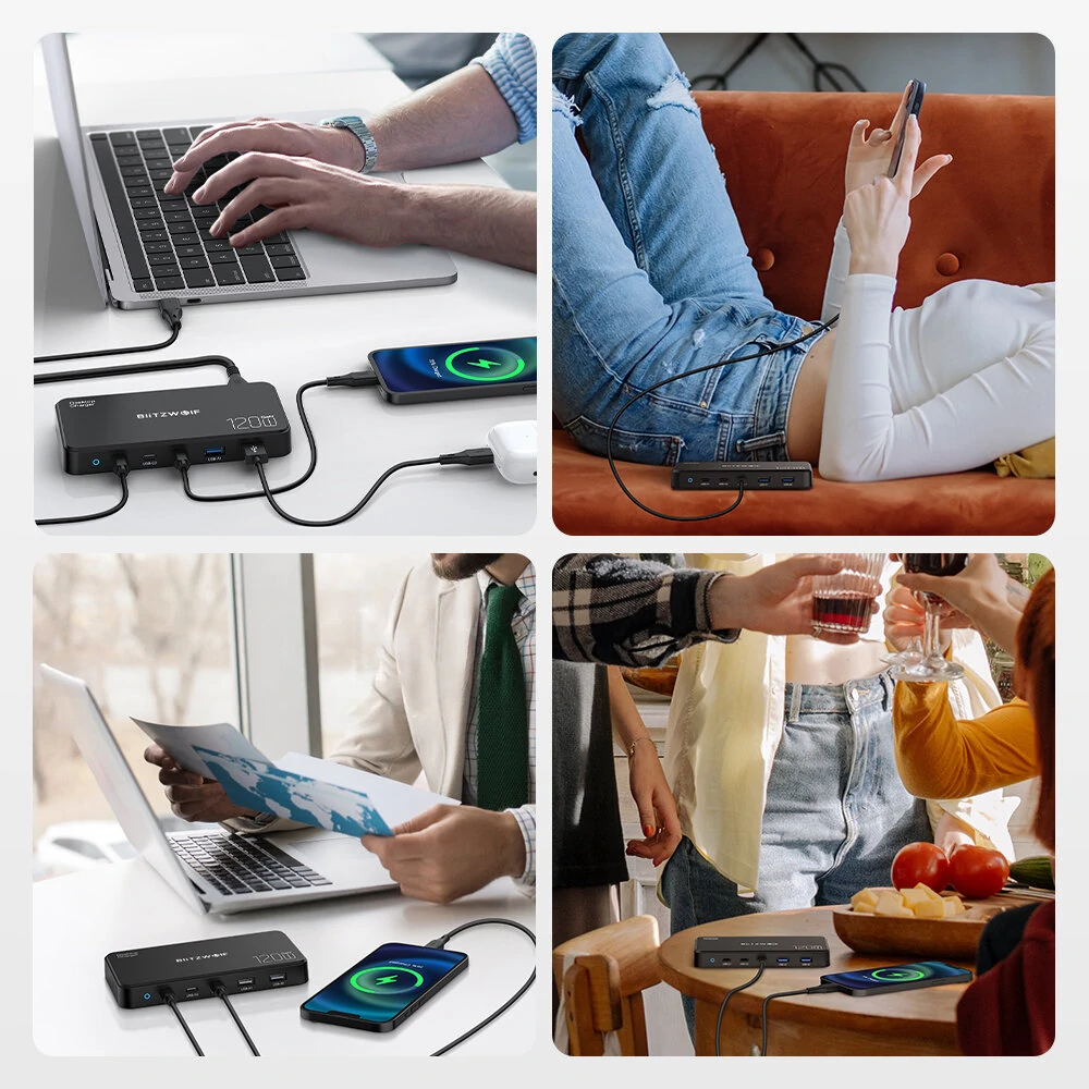 [GaN Tech] Blitzwolf® BW-i100 120W 5-Port USB PD Charger 2USB-A+3USB-C PD3.0 QC3.0 AFC FCP SCP PPS PE APPLE Fast Charging Desktop Charging Station EU Plug for iPhone 15 14 13 for Samsung Galaxy Z Flip4 for MacBook Pro for Airpods for Apple Watch