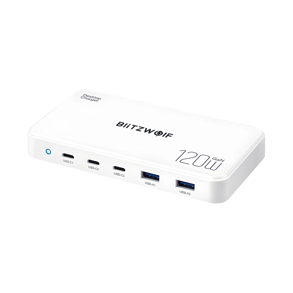 [GaN Tech] Blitzwolf® BW-i100 120W 5-Port USB PD Charger 2USB-A+3USB-C PD3.0 QC3.0 AFC FCP SCP PPS PE APPLE Fast Charging Desktop Charging Station EU Plug for iPhone 15 14 13 for Samsung Galaxy Z Flip4 for MacBook Pro for Airpods for Apple Watch