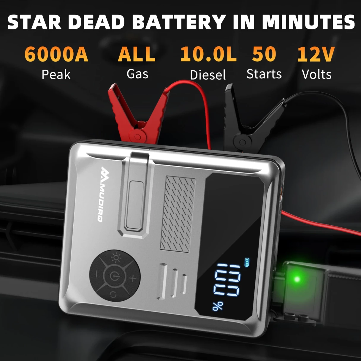 MUDIRO 6000A Car Jump Starter with Air Compressor 150PSI PD30W Fast Charge 2 LED Lights Smart Display for Cars Motorcycles 10L Diesel Engines