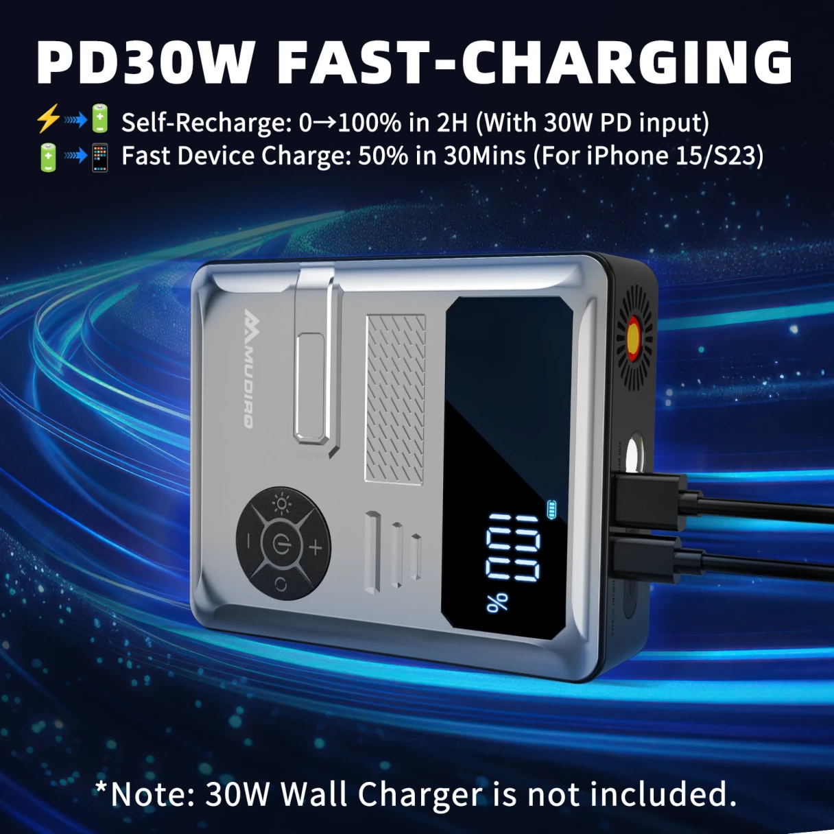 MUDIRO 6000A Car Jump Starter with Air Compressor 150PSI PD30W Fast Charge 2 LED Lights Smart Display for Cars Motorcycles 10L Diesel Engines