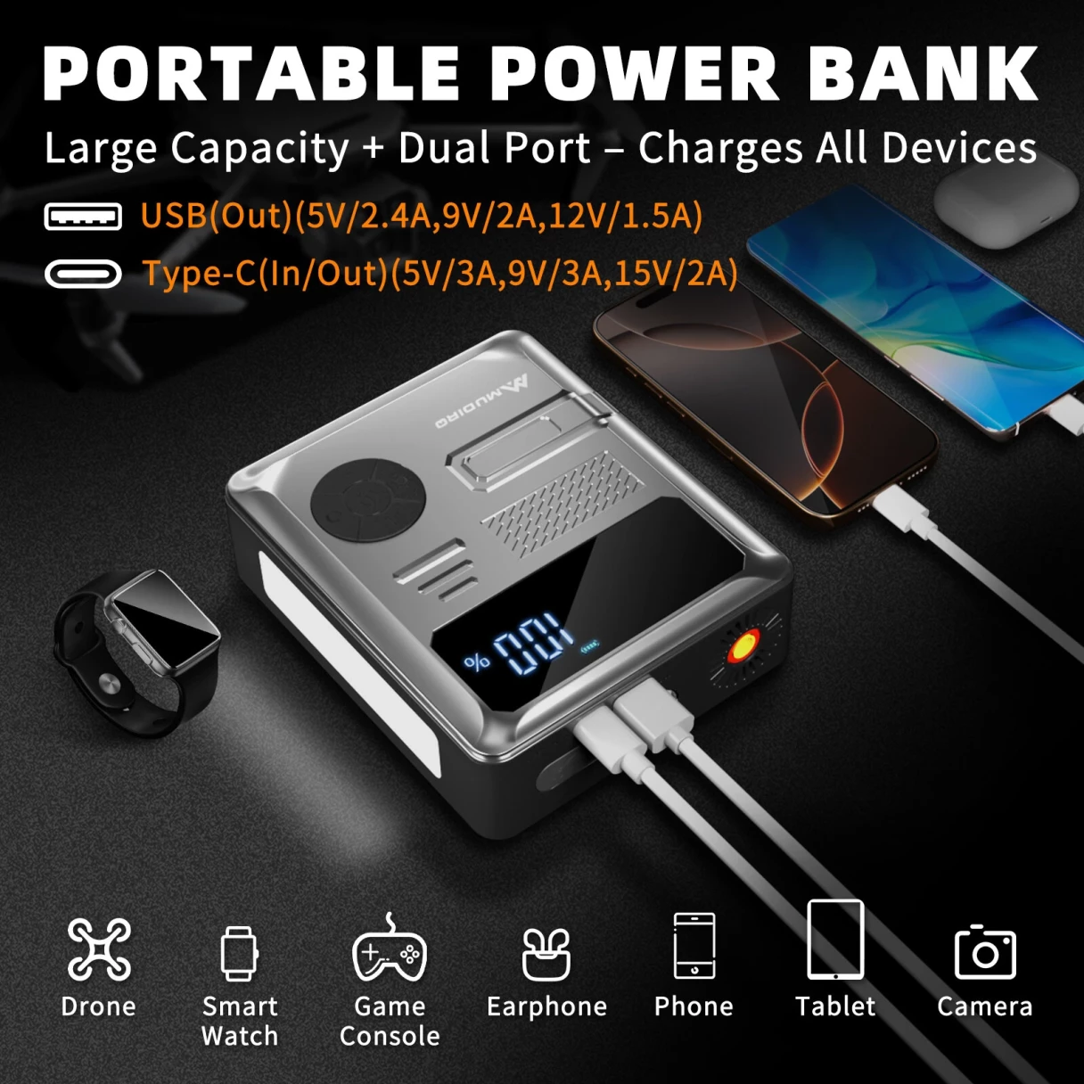 MUDIRO 6000A Car Jump Starter with Air Compressor 150PSI PD30W Fast Charge 2 LED Lights Smart Display for Cars Motorcycles 10L Diesel Engines