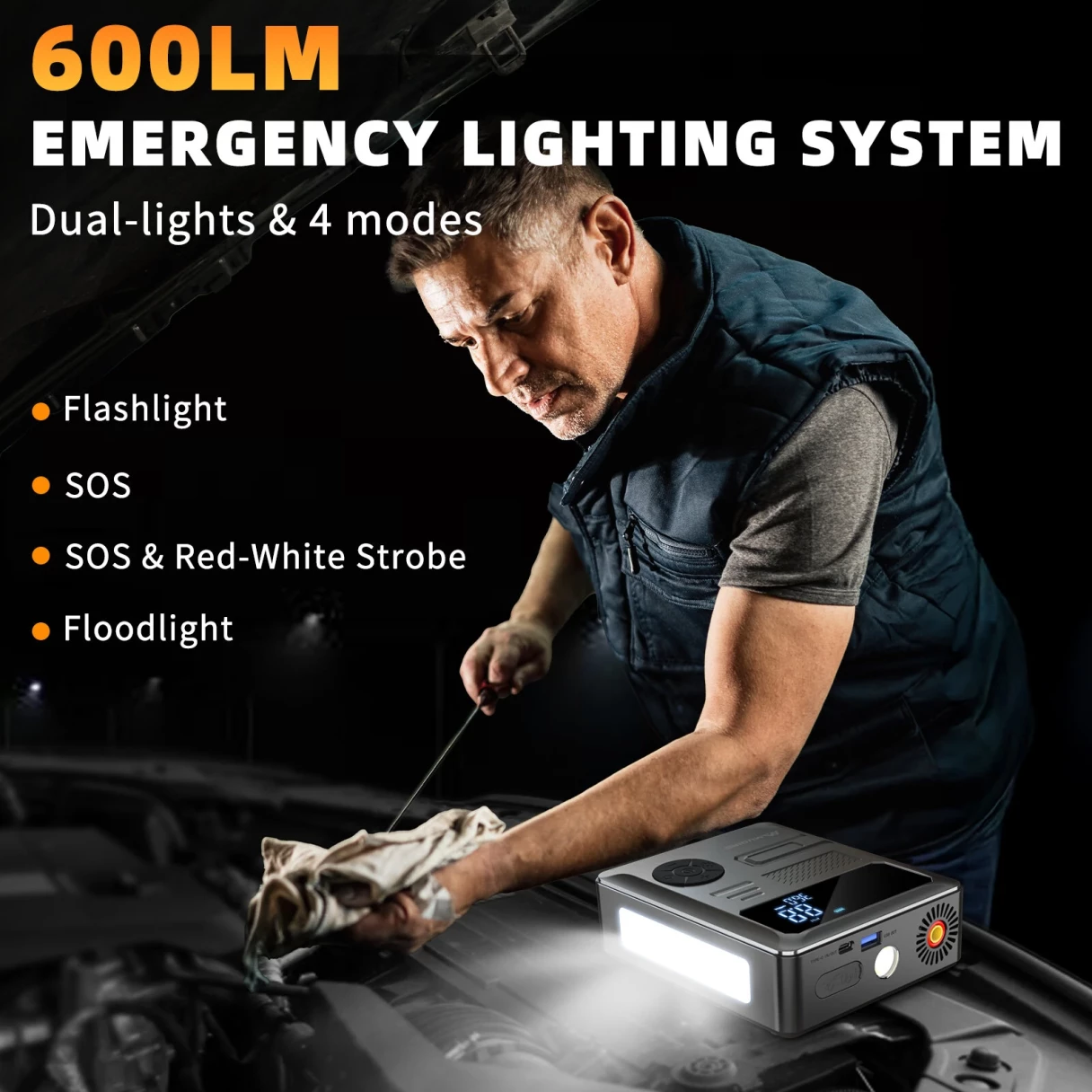 MUDIRO 6000A Car Jump Starter with Air Compressor 150PSI PD30W Fast Charge 2 LED Lights Smart Display for Cars Motorcycles 10L Diesel Engines