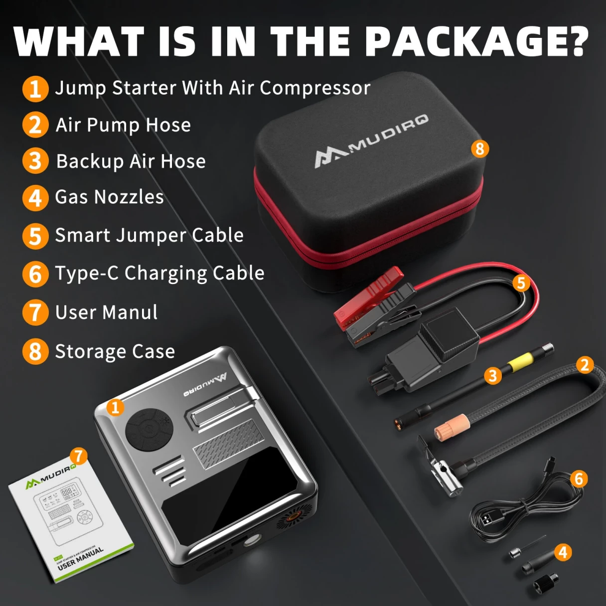 MUDIRO 6000A Car Jump Starter with Air Compressor 150PSI PD30W Fast Charge 2 LED Lights Smart Display for Cars Motorcycles 10L Diesel Engines