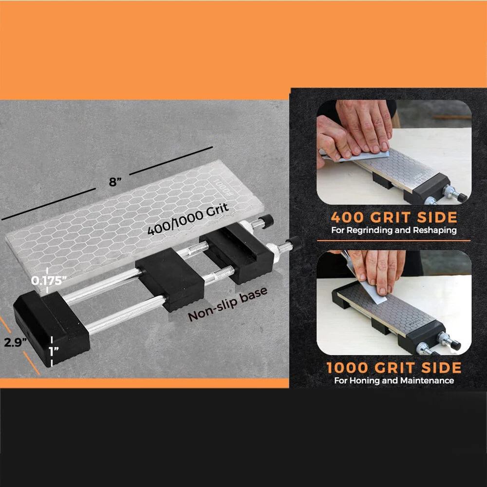 Diamond Sharpening Stone Set with Adjustable Non-Slip Holder 8 Inch 400/1000 Grit Fine Double-Sided Plate Whetstone Knife Tools