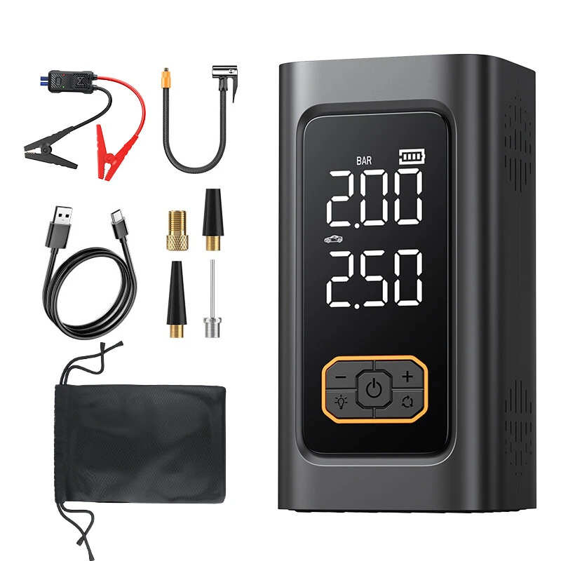 TUERBB T-N1 Car Jump Starter with Air Compressor 88W 22mm Cylinder Portable Emergency Battery Booster for 12V Vehicles with LED Light Fast Charging Adjustable Pressure 150PSI for Cars Trucks Motorcycles