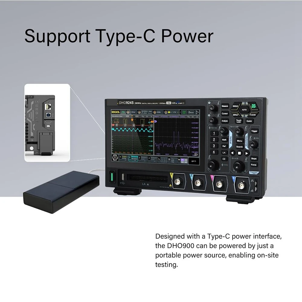 DHO924S Digital Oscilloscope 250 MHz 4 Analog Channels High Definition Display 12-Bit Vertical Resolution 1.25 GSa/s Real-Time Sampling Rate Low Noise High Accuracy Waveform Measurements Built-In Signal Generator