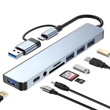 8-in-2 USB-C/USB3.0 Docking Station USB Adapter with USB3.0 USB2.0*3 USB-C Data SD/TF Card Reader Slot 3.5mm Audio Multiports USB Hubs for PC Laptop Computer